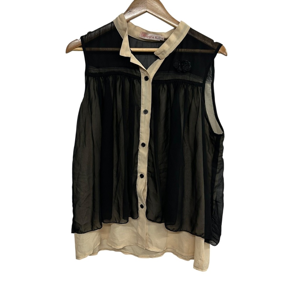 Romantic Victorian Sheer Sleeveless Blouse XL Black Beige Dark Soft Goth VTG